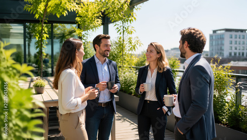 Diverse business team enjoying a refreshing coffee break on a modern outdoor office terrace surrounded by lush green spring plants on a bright sunny day, promoting collaboration and workspace