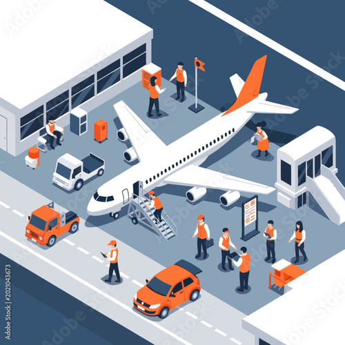 Tableau sur toile Airport Scene with Airplane and Ground Crew Activity.