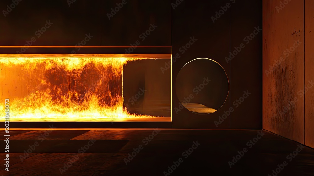 Fototapeta premium Modern minimalist room featuring a long, linear fireplace with vibrant flames, providing light and warmth to the contemporary space while creating a cozy and inviting ambiance