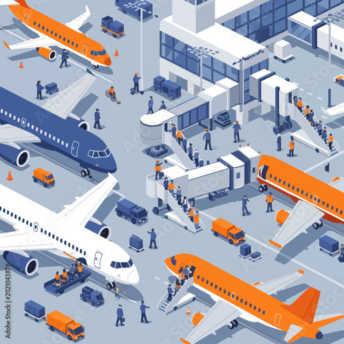 Fotografie Airport scene with airplanes and jet bridges.