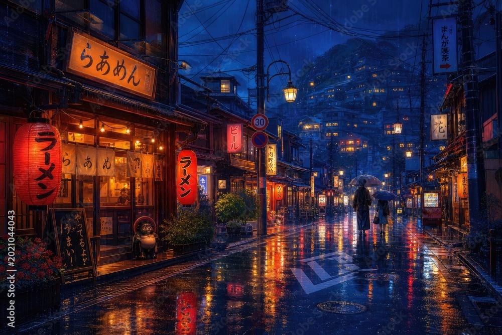Obraz premium Couple strolling through vibrant Japanese ramen alley at dusk, illuminated by warm lanterns and neon signs, rainy evening ambiance with reflective wet pavement