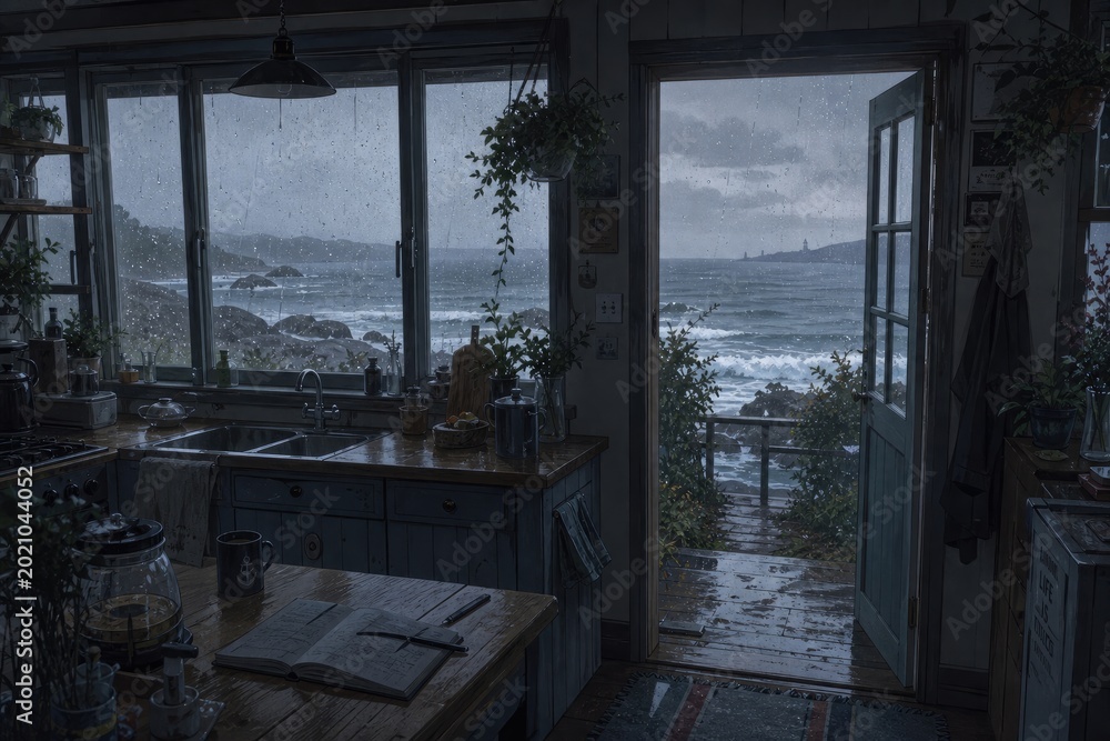 Fototapeta premium Cozy coastal kitchen with wooden countertop and open door leading to ocean view, rainy weather, serene seaside home interior with natural light and greenery
