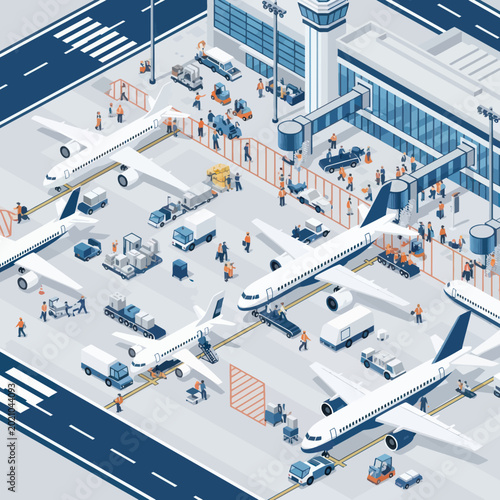 Valokuva Busy Airport Scene with Airplanes and Ground Crew Activity.