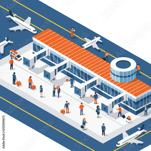 Modern Airport Terminal Building with Airplanes and Passengers.
