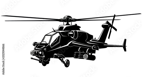 Foto Black silhouette of an attack helicopter with rotors and weapons, isolated on white background