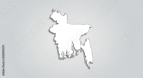 Map outline of Bangladesh, a country in South Asia known for its riverine landscape and vibrant culture, displayed on a minimalist gray background with a subtle shadow effect
