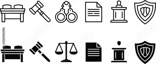 Tableau sur toile Set of legal and justice icons, including gavel, handcuffs, scales, and shield