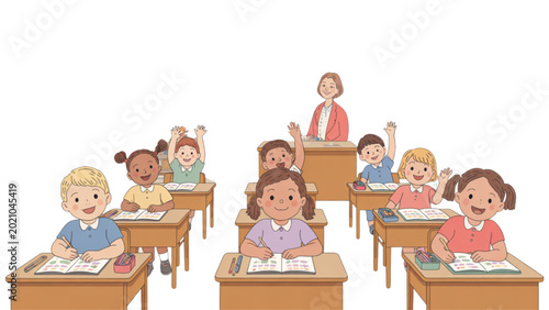 Photos Teacher instructing cheerful students in a colorful classroom