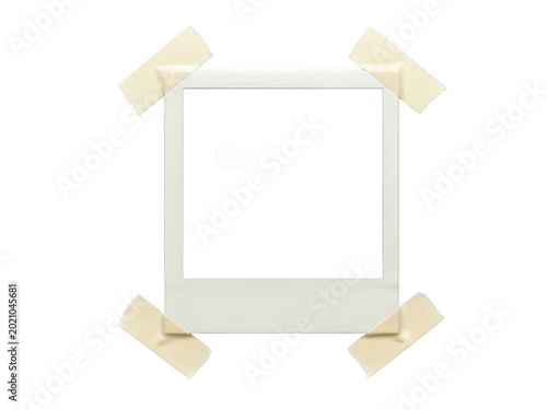 Square polaroid photo frame attached with masking tape isolated on transparent background