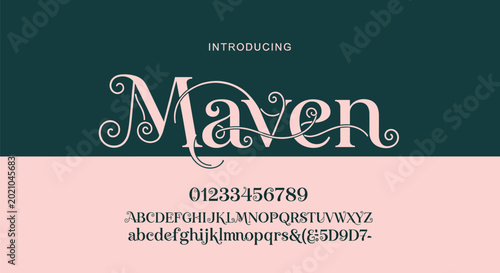 Maven font display with alphabet and numbers elegant script typeface