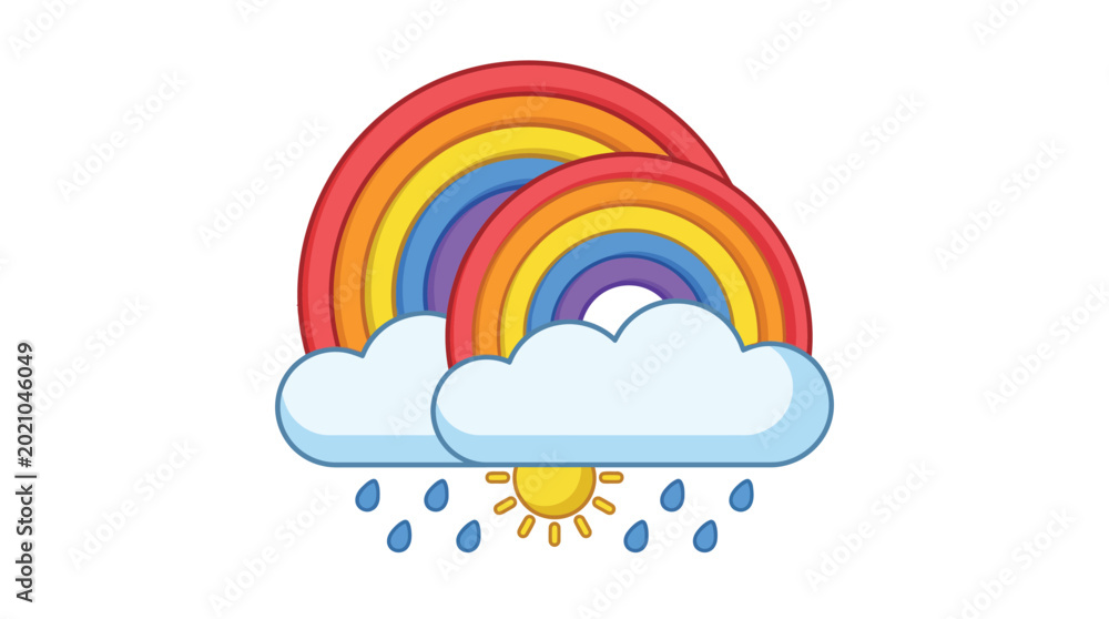 Fototapeta premium 3d rainbow weather icon with clouds raindrops and sunshine illustrating diverse weather conditions in vibrant colors and detailed textures for weather forecasting