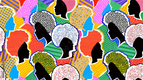 Photos colorful pattern of human profile silhouettes filled with diverse textured backg