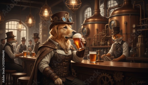 Steampunk dog enjoys a cold beer in a lively bar with vintage decor and charming patrons