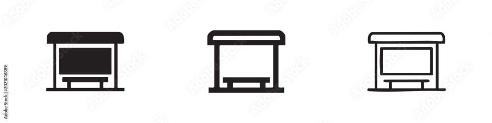 Fototapeta premium Bus stop shelter icon in solid, doodle, and outline styles, symbolizing public transport and urban infrastructure.