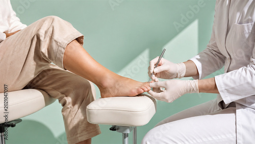 pedicurist performing foot treatment on woman. Professional podiatrist using special tool for cleaning nail. Skin care, hygiene procedure and relaxing spa service for healthy feet