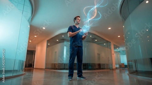 Doctor Holding Tablet Projecting DNA Double Helix