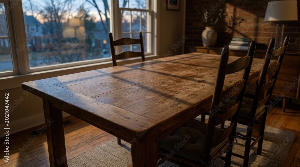 Naklejka premium Wooden dining table with chairs near large windows overlooking urban view