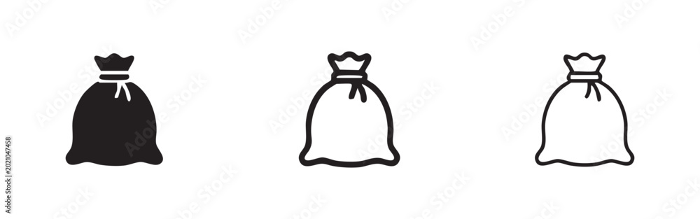 Fototapeta premium Three different styles of money bag icons on a white background.