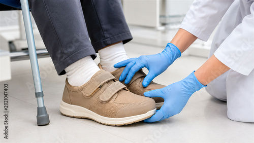 woman doctor helping senior man put on orthopedic shoe. Healthcare professional providing assistance for elderly patient with mobility issue. Rehabilitation and senior care support service