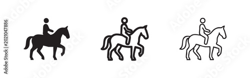 Bild auf Leinwand Horseback Riding Icons: Solid Black, Outline with Fill, and Simple Line Art