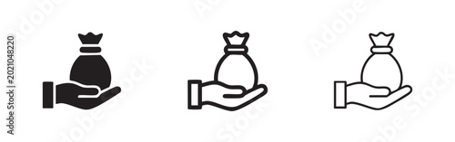 Vászonkép Set of three hand holding money bag icons: solid, outline with fill, and outline