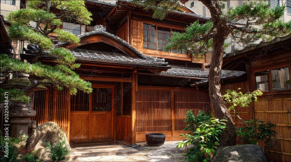 Fototapeta premium Traditional wooden Japanese house with tiled roof, small garden, and meticulously trimmed trees