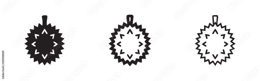 Fototapeta premium Durian fruit icon in three styles: filled, thick line, and thin line.