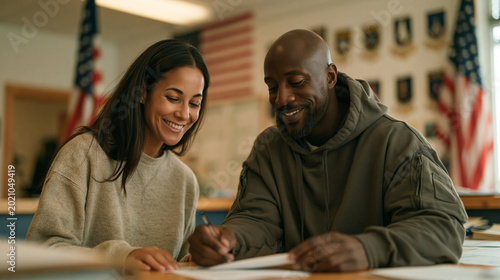 Veteran reintegration specialist guiding a former soldier through paperwork at a nonprofit welcome desk, American flags and unit insignia displayed on the wall behind them, fluorescent lighting illu