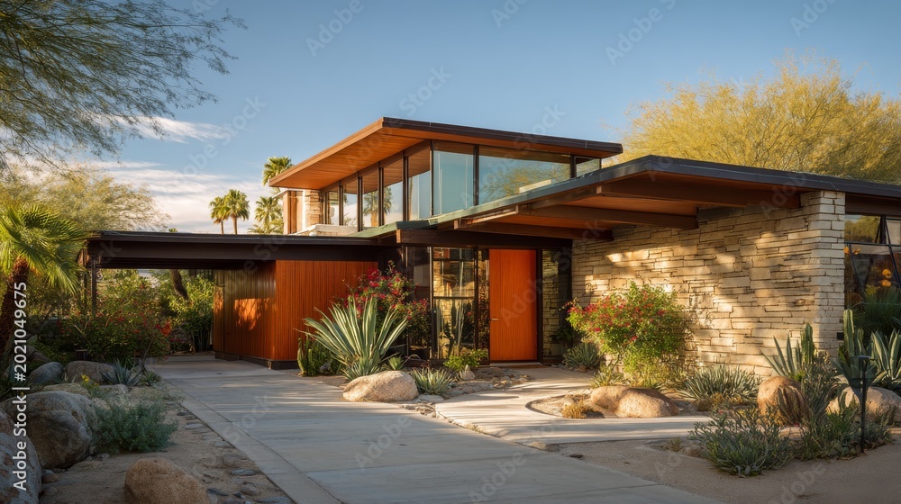 Fototapeta premium A modern two-story home with desert landscaping, featuring an orange door and large windows, under a blue sky