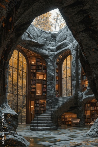 A multi-level fantasy library inside a cave with a stone spiral staircase, built-in bookshelves, and large arched windows overlooking the autumn forest.