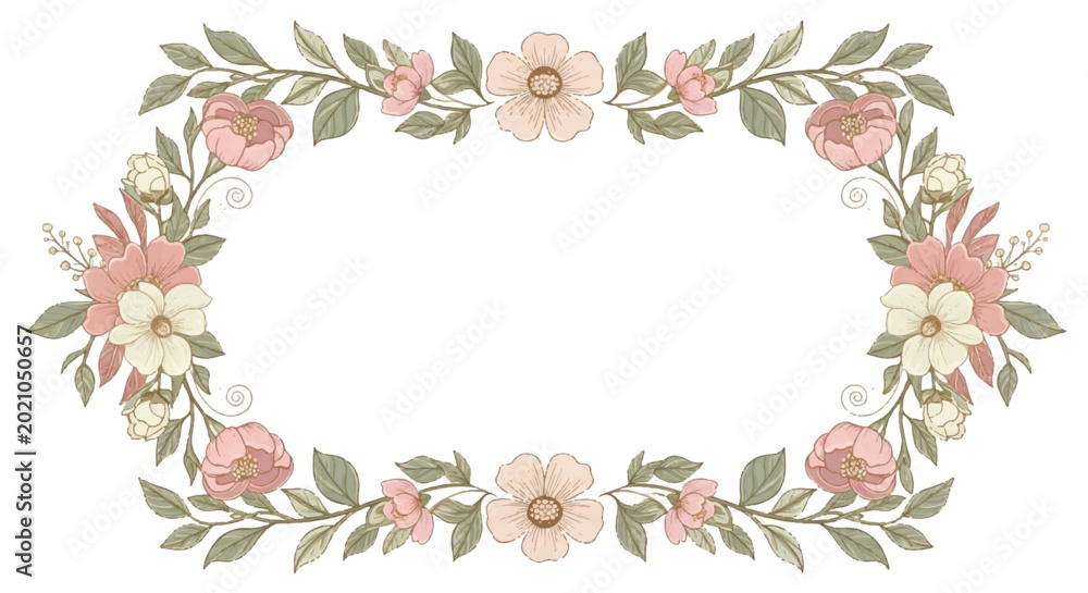 Fototapeta premium Elegant Floral Oval Frame with Soft Pastel Flowers and Green Leaves.