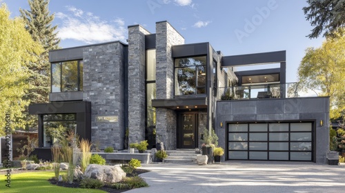 Modern, multi-story home with a stone facade, large windows, and a glass-paneled garage door. It has an inviting entry and is set amongst trees