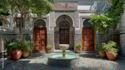 Lush courtyard with three arched doorways leading to an ornate building with a fountain and potted plants