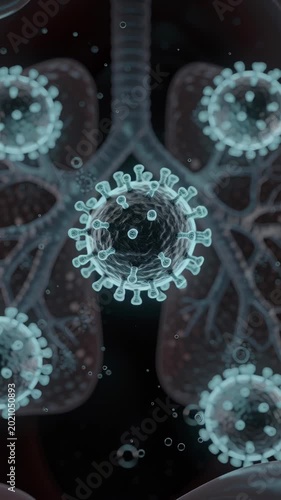 Digital illustration of coronavirus particles in human lungs representing respiratory infection and viral spread.
