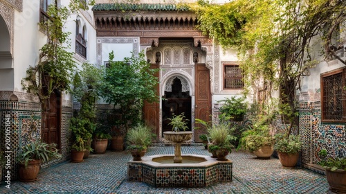 An ornate courtyard with a fountain, lush greenery, and elaborate wooden doorways, showcasing a traditional design