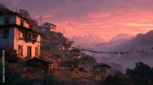 A hillside village basks in the rosy glow of a sunset, with buildings lining a path amidst mountains and colorful flags