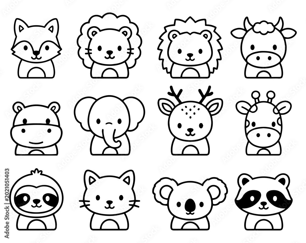 Fototapeta premium Cute Animal Faces Line Art Icons Set Kawaii Cartoon Head Collection