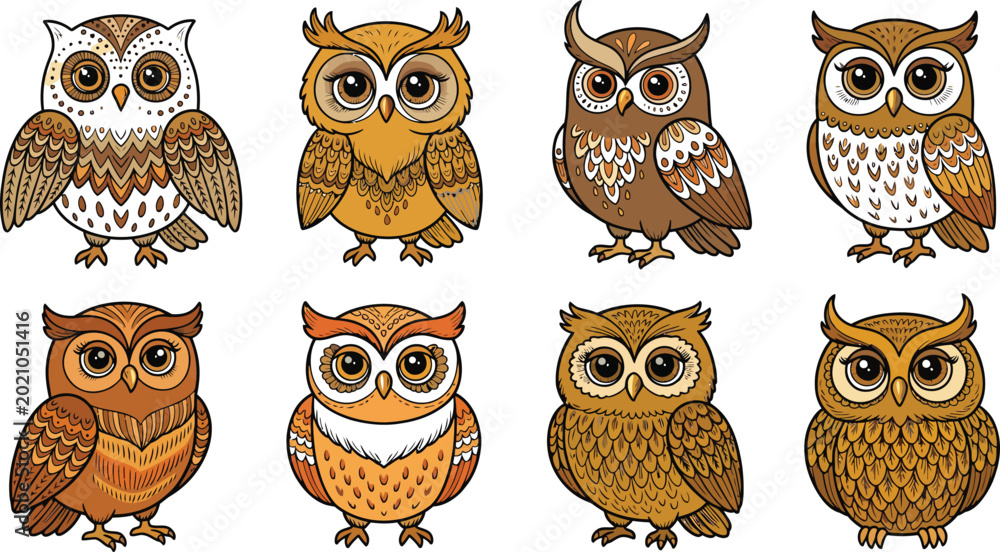 Fototapeta premium Eight cute cartoon owls illustration set Vector