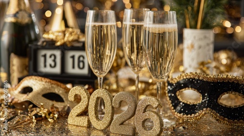 Festive still life features champagne flutes, sparkling decor, and a golden 