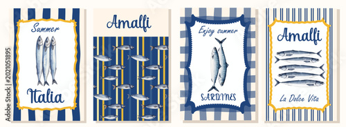 Poster design in Mediterranean Italian style. Amalfi. Image of sardines, lobsters, seafood. Illustration in retro vintage modern style for printed publications, menus, flyers. Postcards.