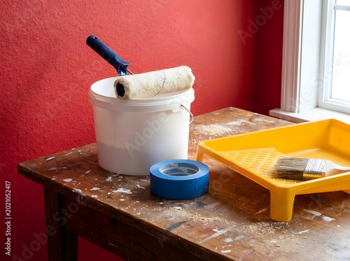 Home renovation painting tools including roller bucket and brush on wooden table