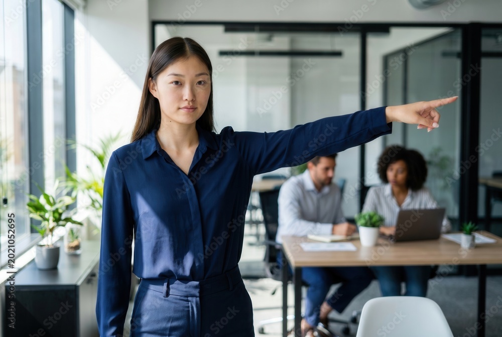 Fototapeta premium Businesswoman pointing for future vision and leadership in a modern office environment