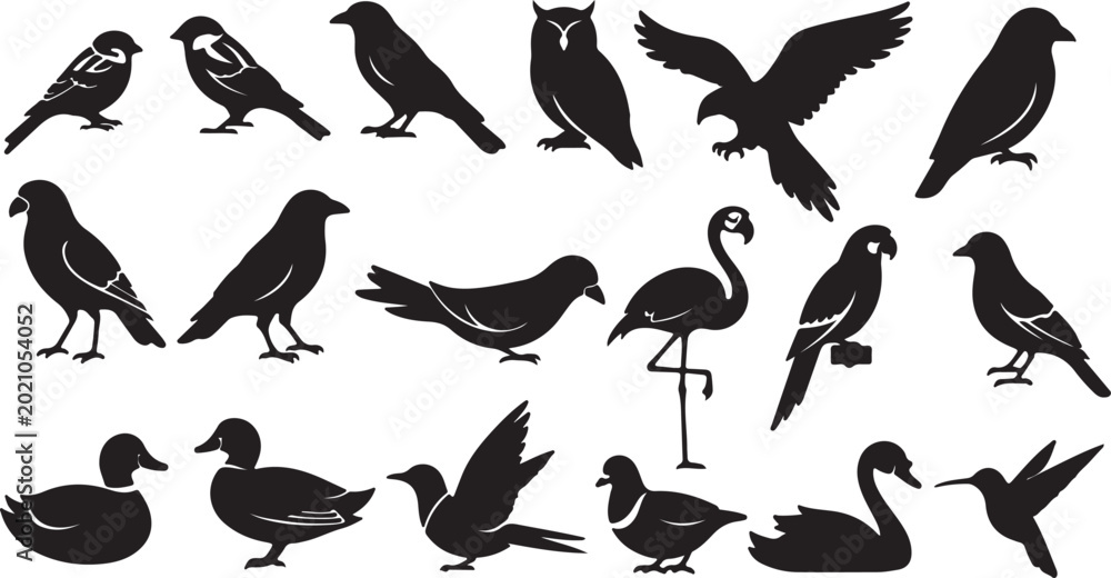 Obraz premium Black bird silhouettes collection, set of 18 avian vector icons, wild bird species shapes including owl flamingo and eagle for nature design