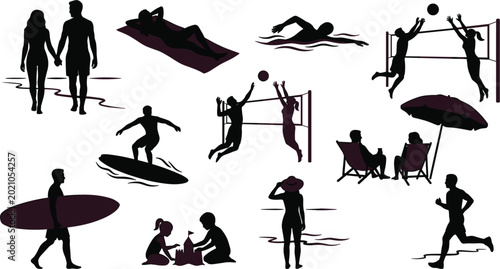 Large set of people silhouettes at beach including swimming surfing volleyball running and sunbathing for summer vacation design