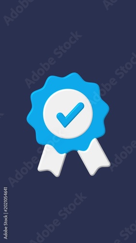 Blue ribbon award with check mark and ribbons 3D. Blue ribbon award success medal. Blue ribbon award quality certification recognition.