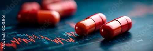 Capsules with a financial chart overlay symbolizing healthcare analytics, drug market volatility, and data driven decision making