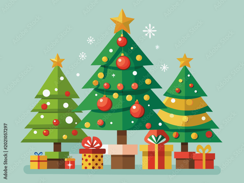 Obraz premium Colorful christmas trees with gifts and ornaments in festive setting Vector