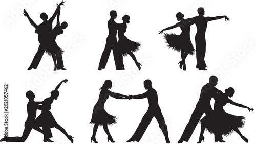 Canvas Print Silhouette dancers set with flapper poses and feather skirt movements in bold bl