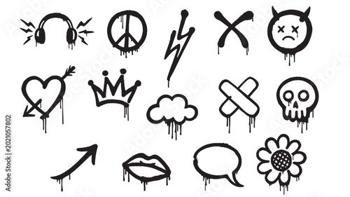 Graffiti sticker set with devil, peace, crown, skull, love hearts, lightning and speech bubble icons on white background