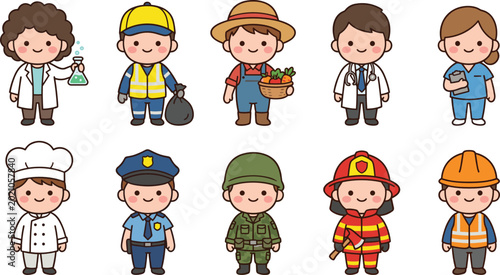 Cute professional worker character collection featuring doctor nurse chef police farmer firefighter engineer and scientist cartoon vector illustration set